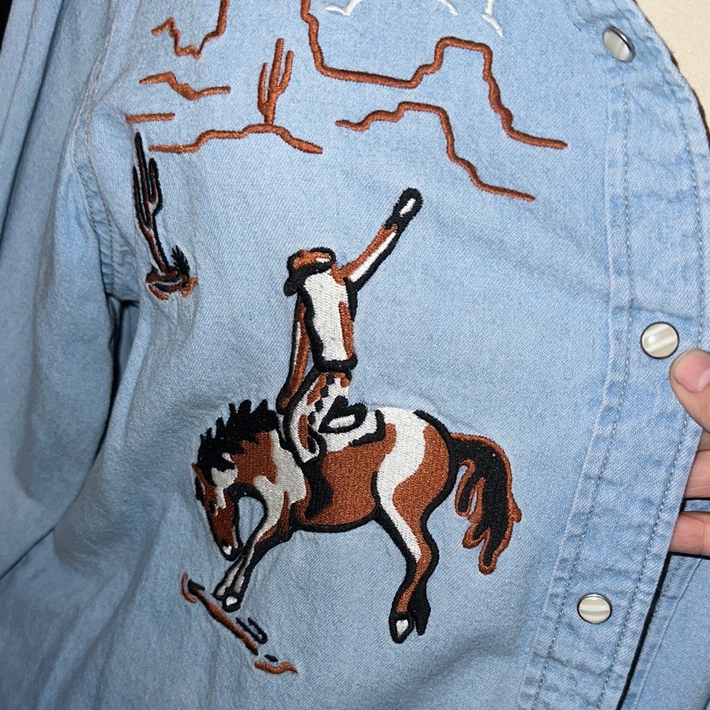 Western Embroidered Light Blue Denim Shirt - Picture 3 of 5